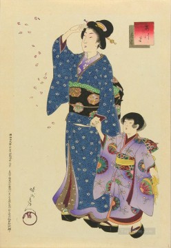 Toyohara Chikanobu Painting - Fashions of the East Azuma a woman and a child watching the cherry blossoms fall Toyohara Chikanobu